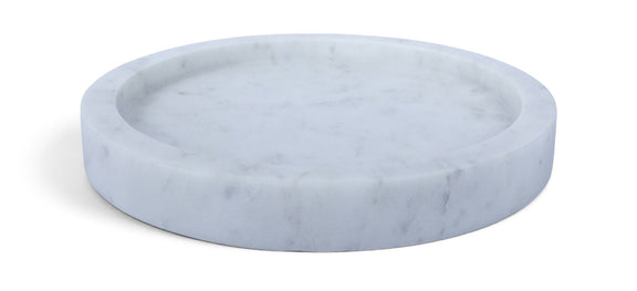 White marble tray with round shallow basin and subtle gray veining