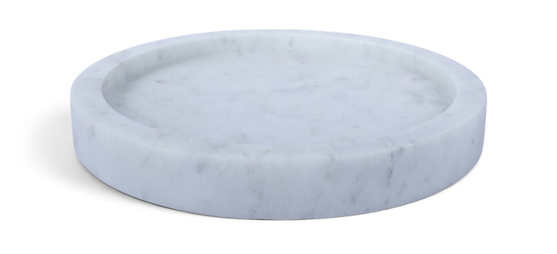 White marble tray with round shallow basin and subtle gray veining