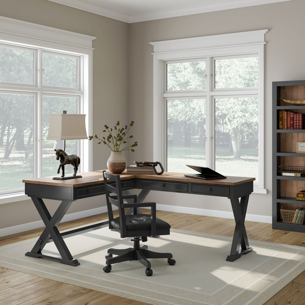 Wildenauer - Brown / Black - 4 Pc. - Home Office Desk And Return, Swivel Desk Chair, Bookcase