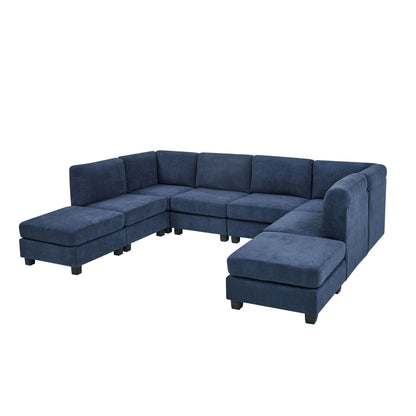Blue U-shape sectional sofa with removable cushions and chaise ottomans, low legs