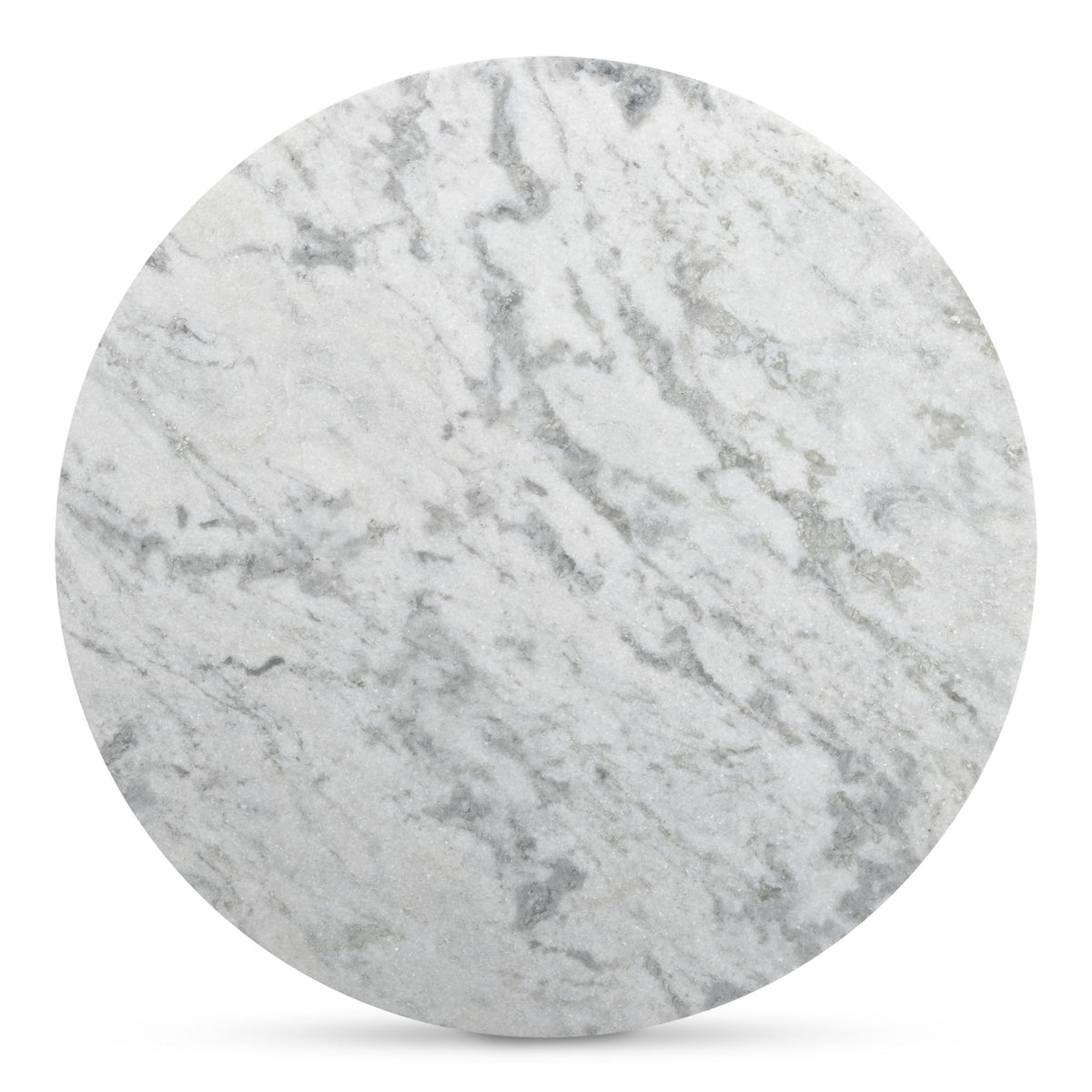 Round coffee table top in ashen grey marble with veined matrix pattern