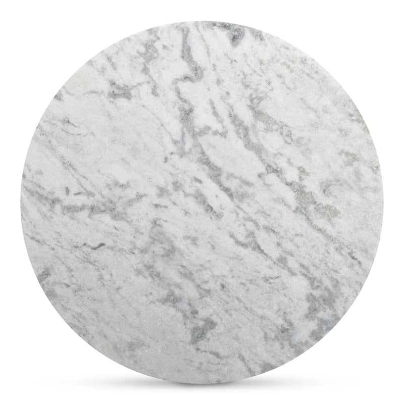 Round coffee table top in ashen grey marble with veined matrix pattern