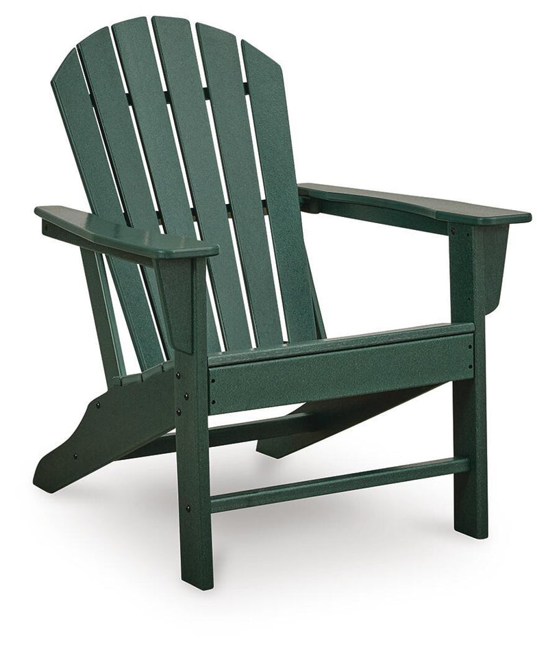 Green Adirondack chair with slatted back and armrests, three-quarter view.