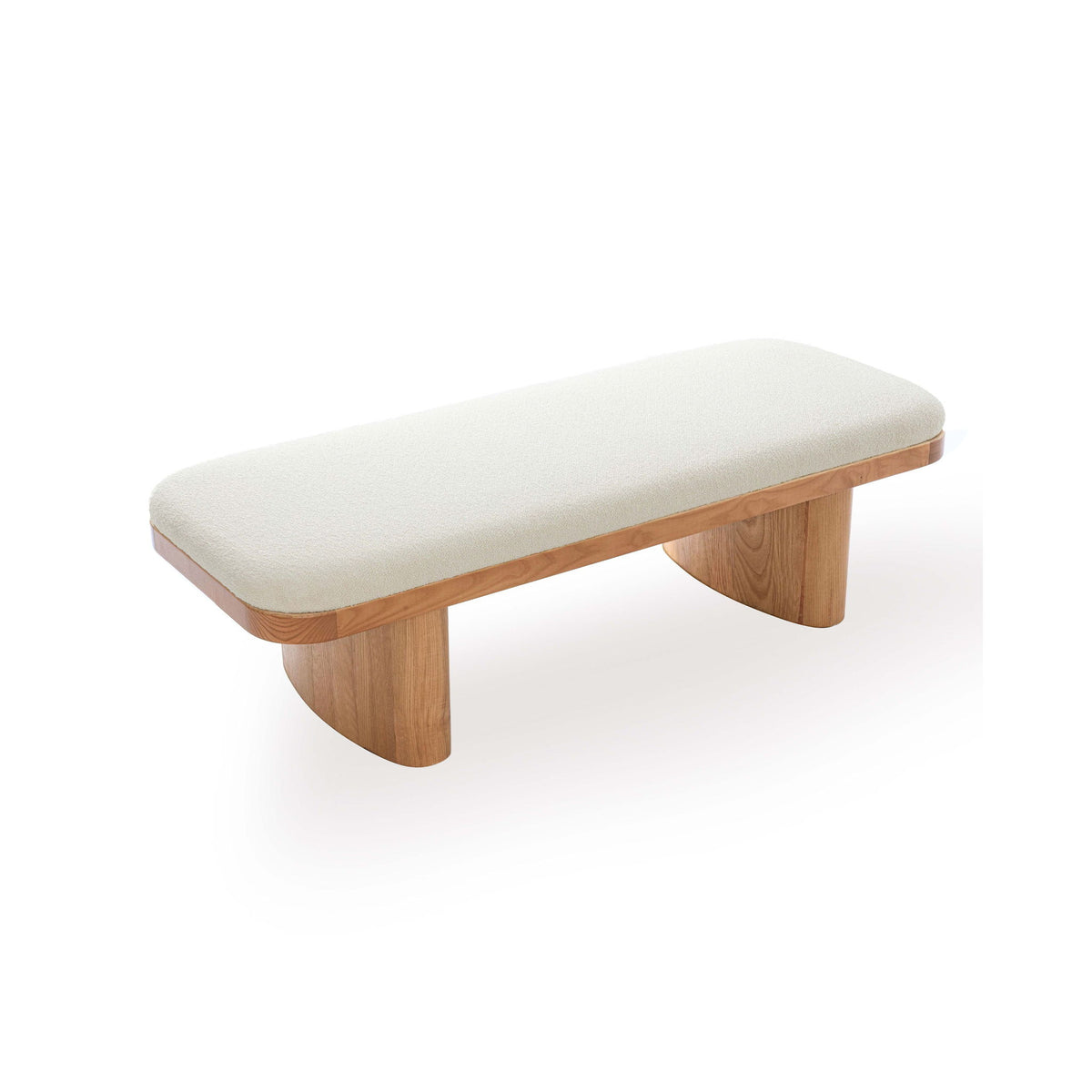 Light cream upholstered bench with warm wood supports and rounded ends