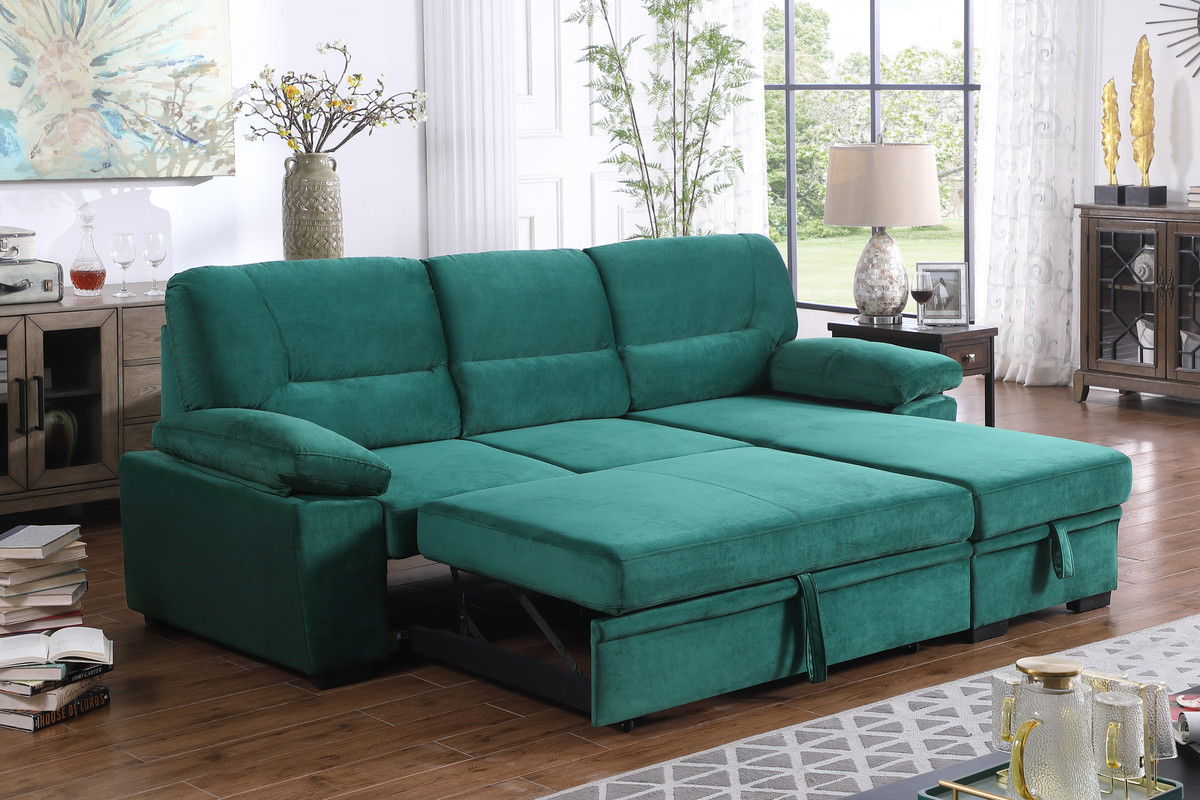 Green reversible sleeper sectional sofa with chaise and fold-out bed, padded armrests.