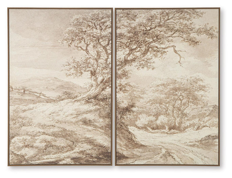 Framed pair of beige and brown landscape wall art prints with tree branches