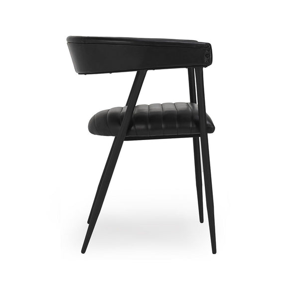 Black dining chair with slanted legs and padded backrest and seat