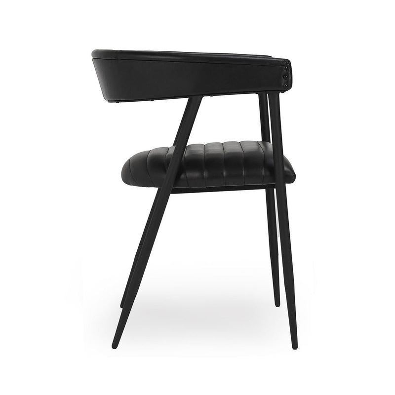 Black dining chair with slanted legs and padded backrest and seat