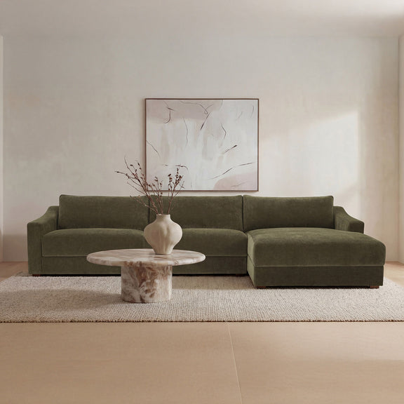 Cedar green sectional sofa with right chaise and padded back cushions