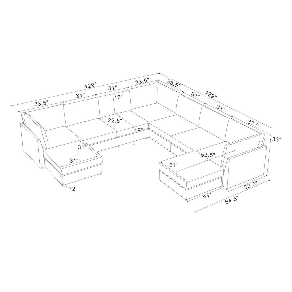 Sectional sofa configuration sketch with labeled dimensions and ottoman sections
