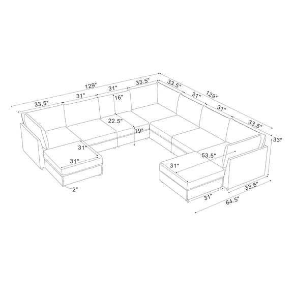 Sectional sofa configuration sketch with labeled dimensions and ottoman sections