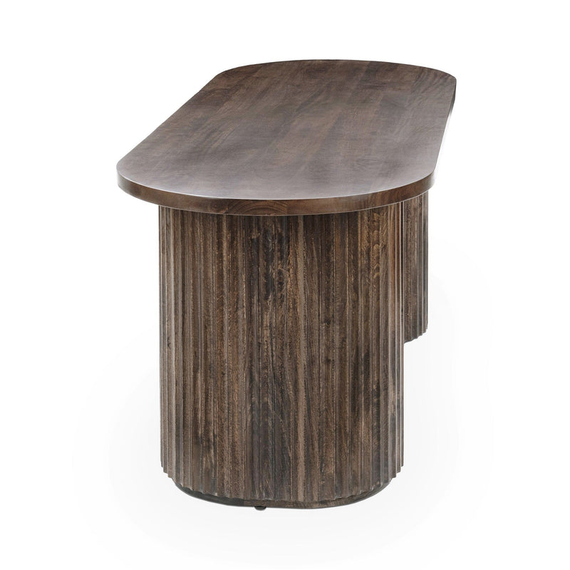 Brown wood desk with rounded oval tabletop and single central pedestal base