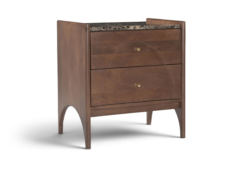Dark brown mango wood nightstand with two drawers and brass knobs