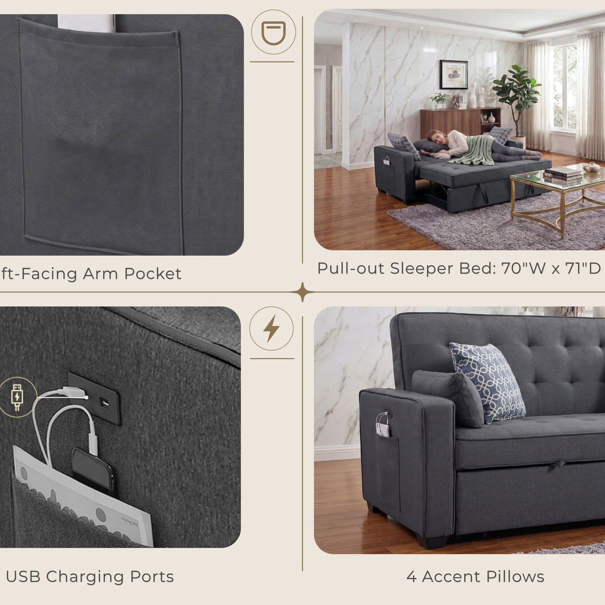 Gray sleeper sofa with tufted arms, 2 USB charging ports, and 4 accent pillows
