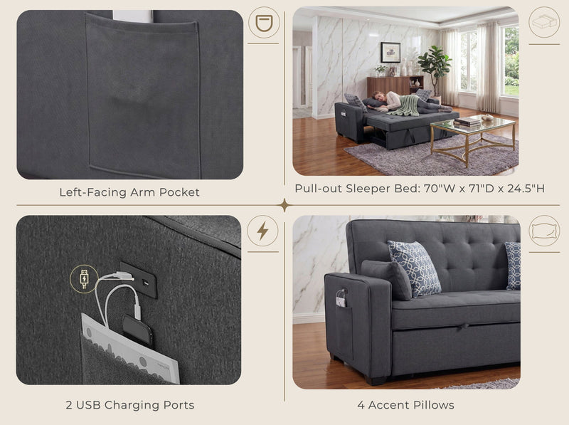 Gray sleeper sofa with tufted arms, 2 USB charging ports, and 4 accent pillows