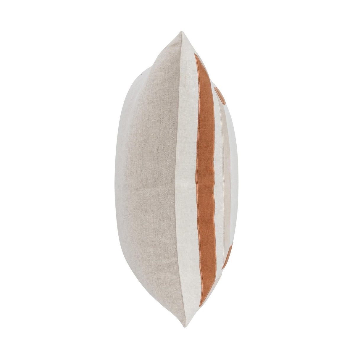 22x22 ivory pillow side view with tan edge piping