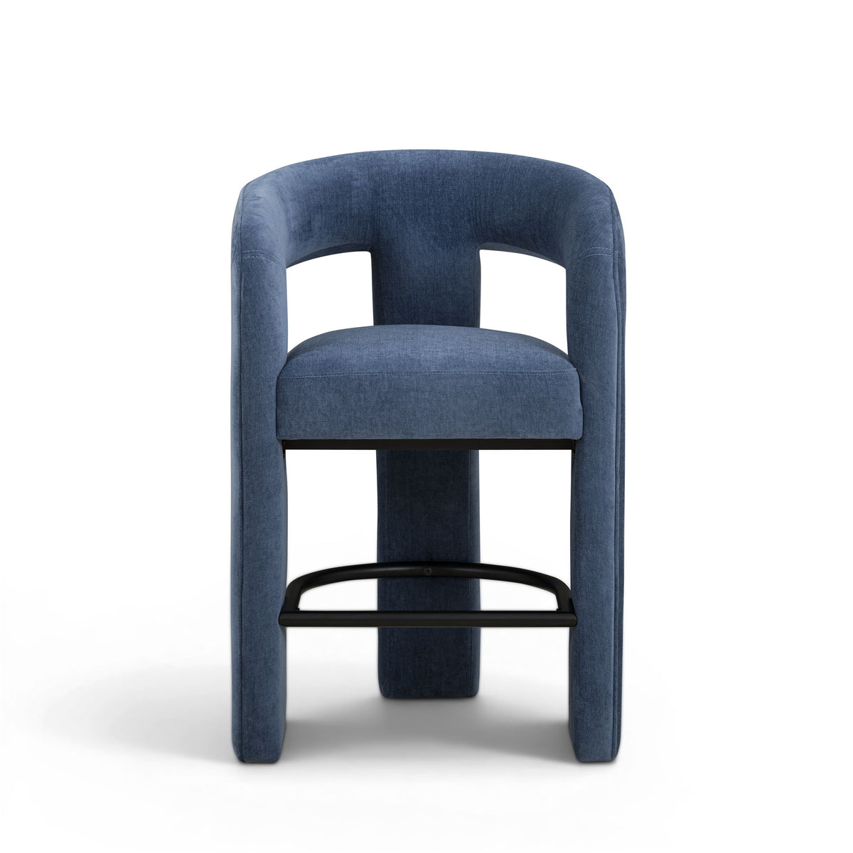 Blue upholstered stool with curved arms, padded seat, and black metal footrest