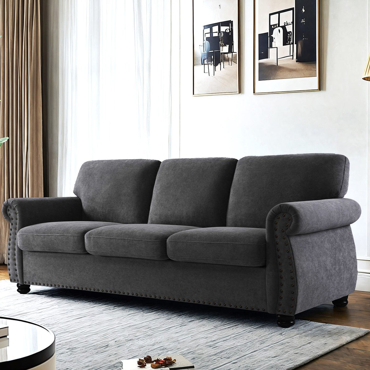 Soft Sofa, Upholstered 3 Seater Couch With High Density Foam, Loose Back Cushions And Turned Legs