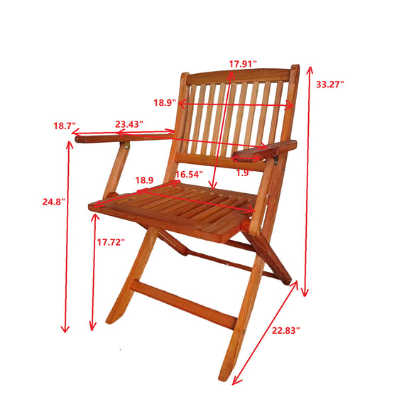 Teak folding patio dining chair with slatted seat and back, shown with size measurements