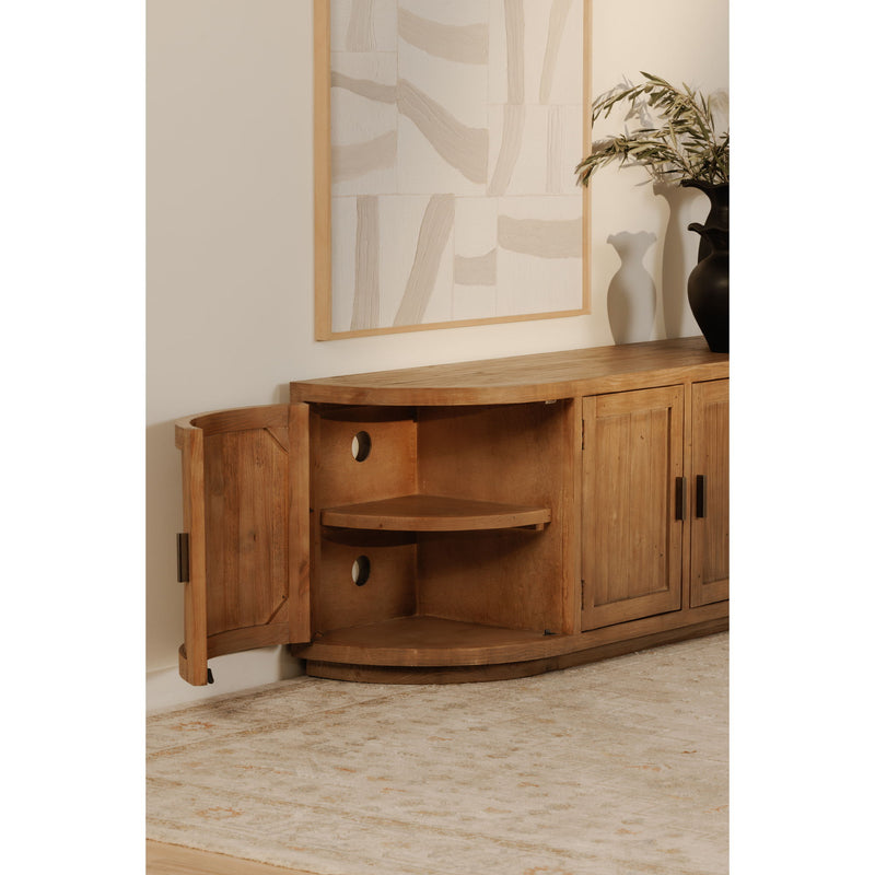 Corner view of natural wood media cabinet with open shelves, two doors, and black pulls