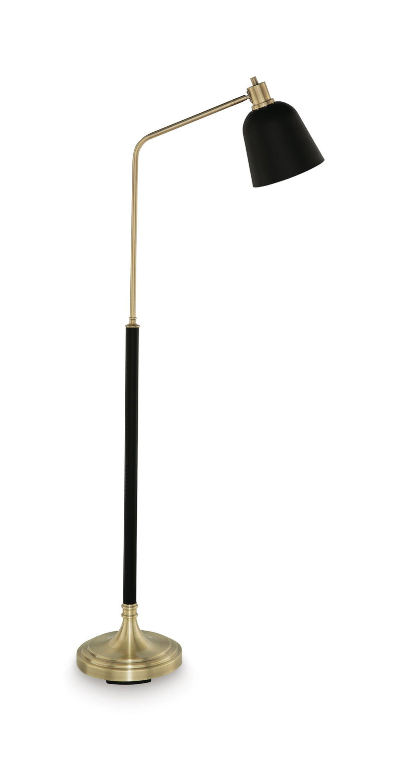 Metal lamp with black cone shade, brass-finish pole, and round base