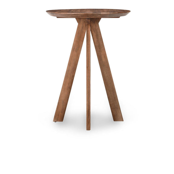 Brown round bar table with flat top and four tapered legs