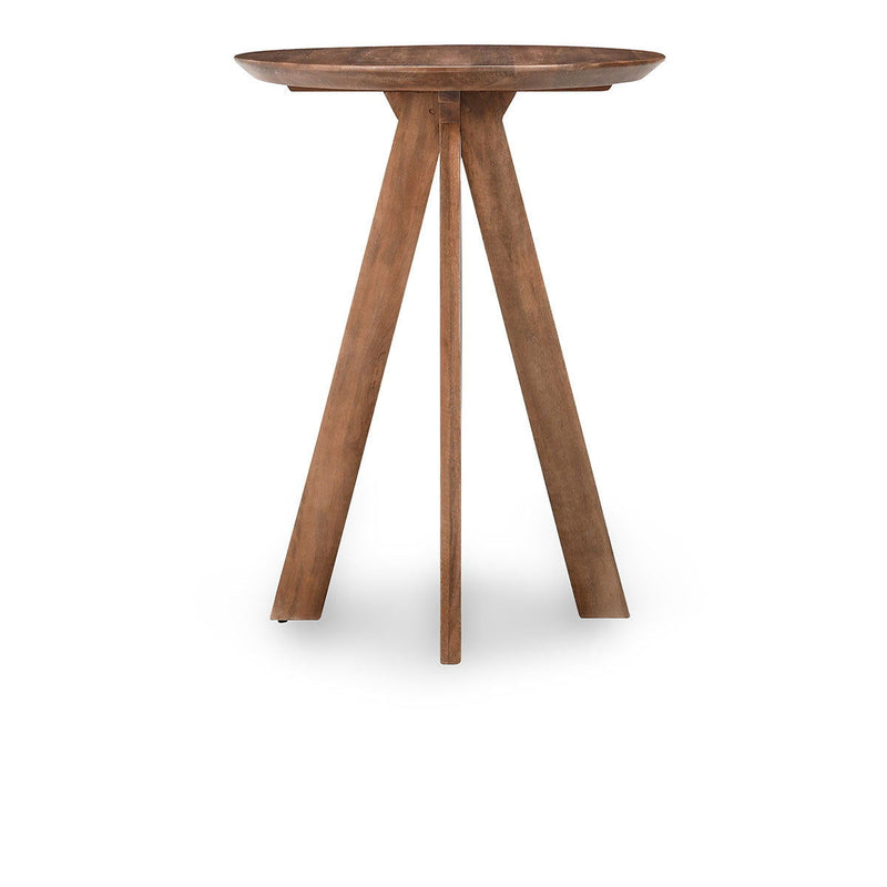 Brown round bar table with flat top and four tapered legs