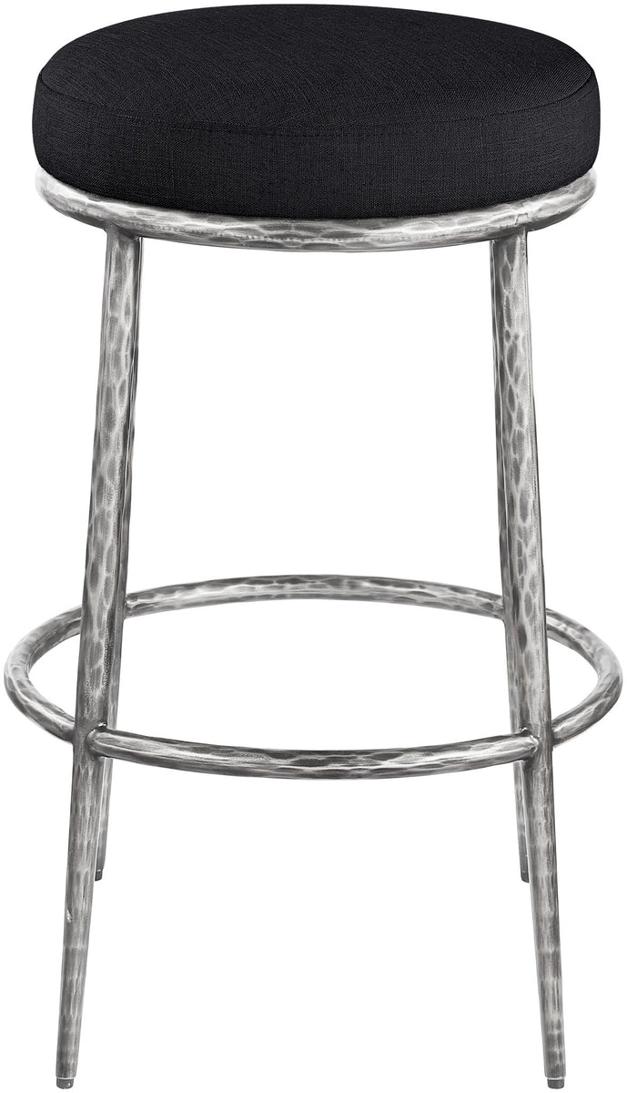Black round upholstered backless bar stool with antique silver metal frame and footrest