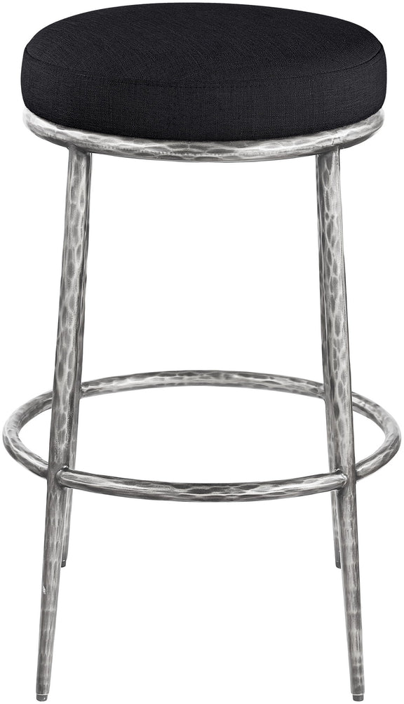 Black round upholstered backless bar stool with antique silver metal frame and footrest