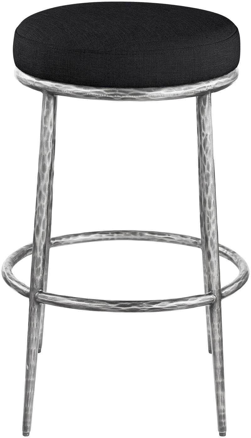 Black round upholstered backless bar stool with antique silver metal frame and footrest