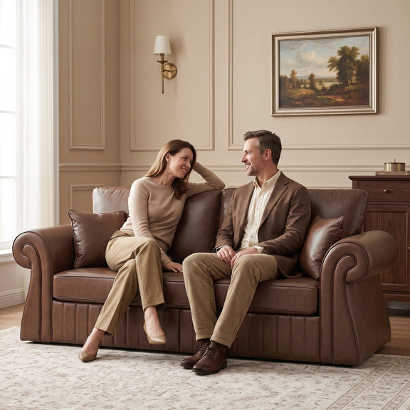 Dark brown three-seat sofa with rolled arms and two pillows, with two people seated