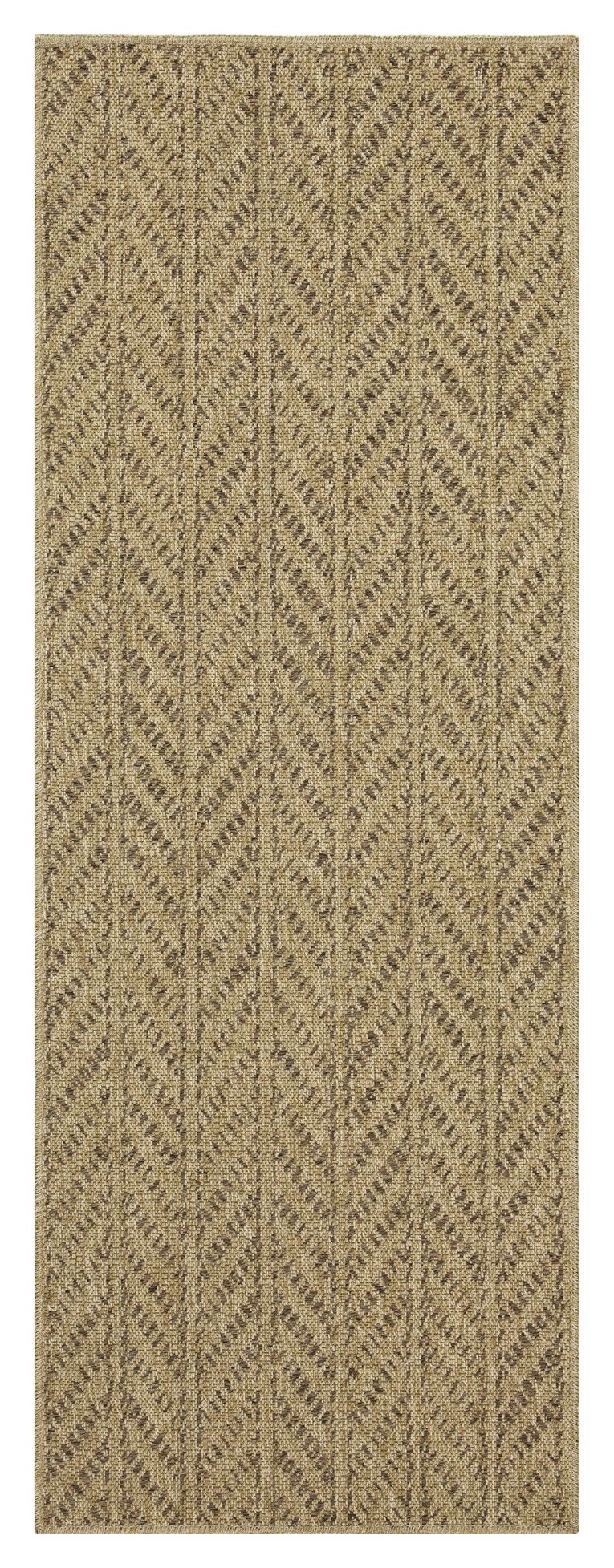 Rectangular light brown area rug with repeating chevron pattern, narrow view