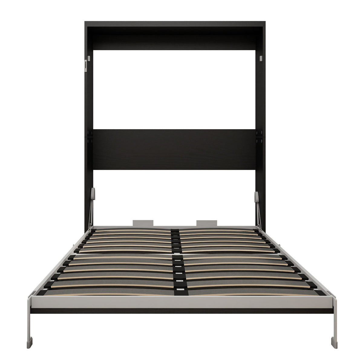 Black vertical Murphy wall bed with open frame and striped slat mattress base