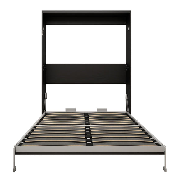 Black vertical Murphy wall bed with open frame and striped slat mattress base