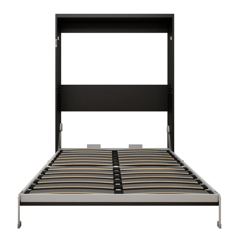 Black vertical Murphy wall bed with open frame and striped slat mattress base