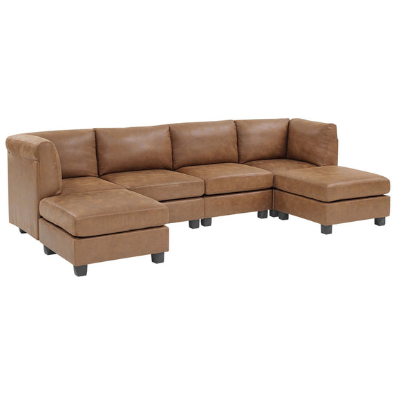Brown L-shape sectional sofa with ottoman-style chaise and square arms.