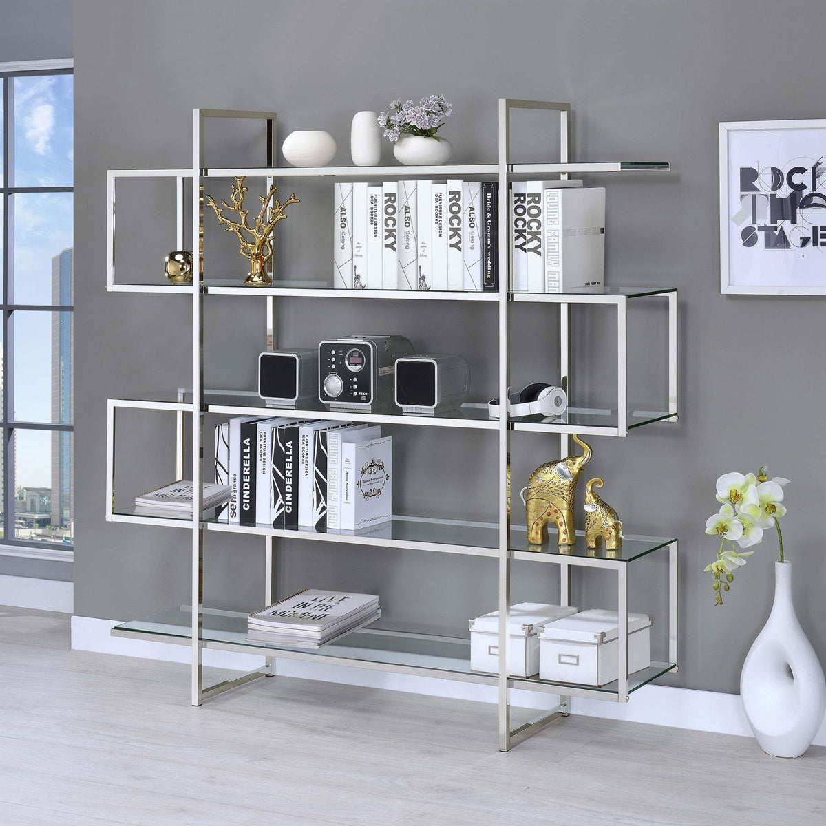 Elmer 63-inch 5-shelf Bookshelf Clear and Chrome