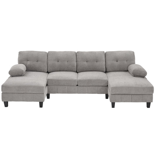 U-Shaped Sectional Sofa 103.5" Chenille Fabric Couch With Dual Chaise Lounges, Storage Pockets And Armrest Pillows, Gray