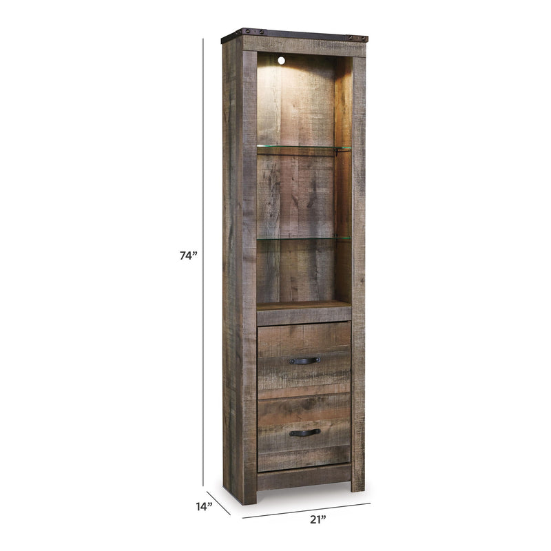 Brown wood display cabinet with glass doors and two drawers, narrow 2-shelf design