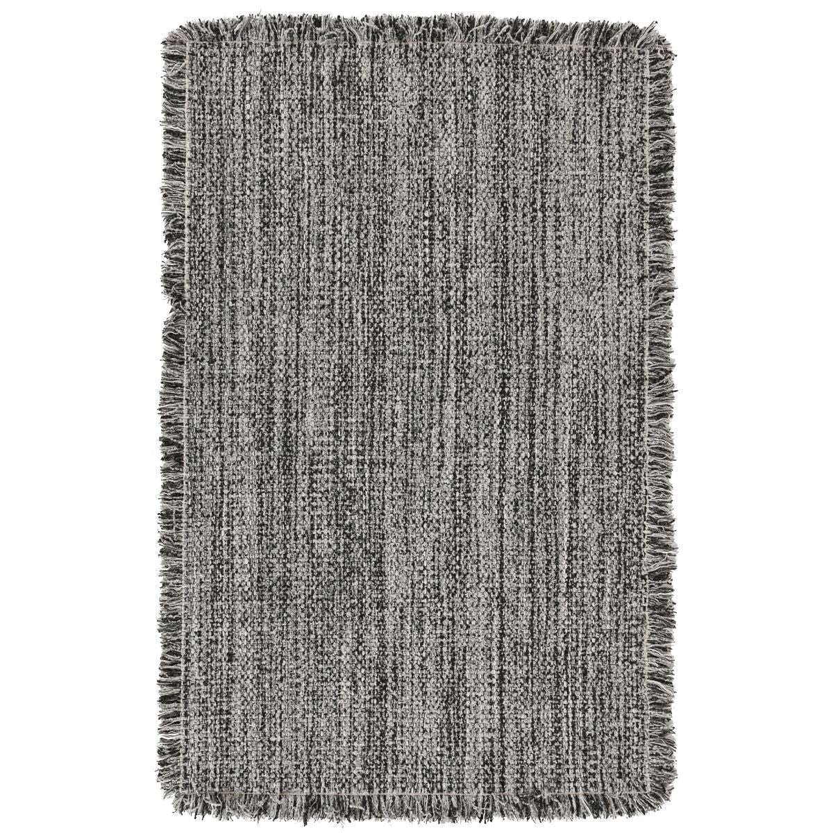 Charcoal gray wool rug with short fringe and tightly woven flat texture.