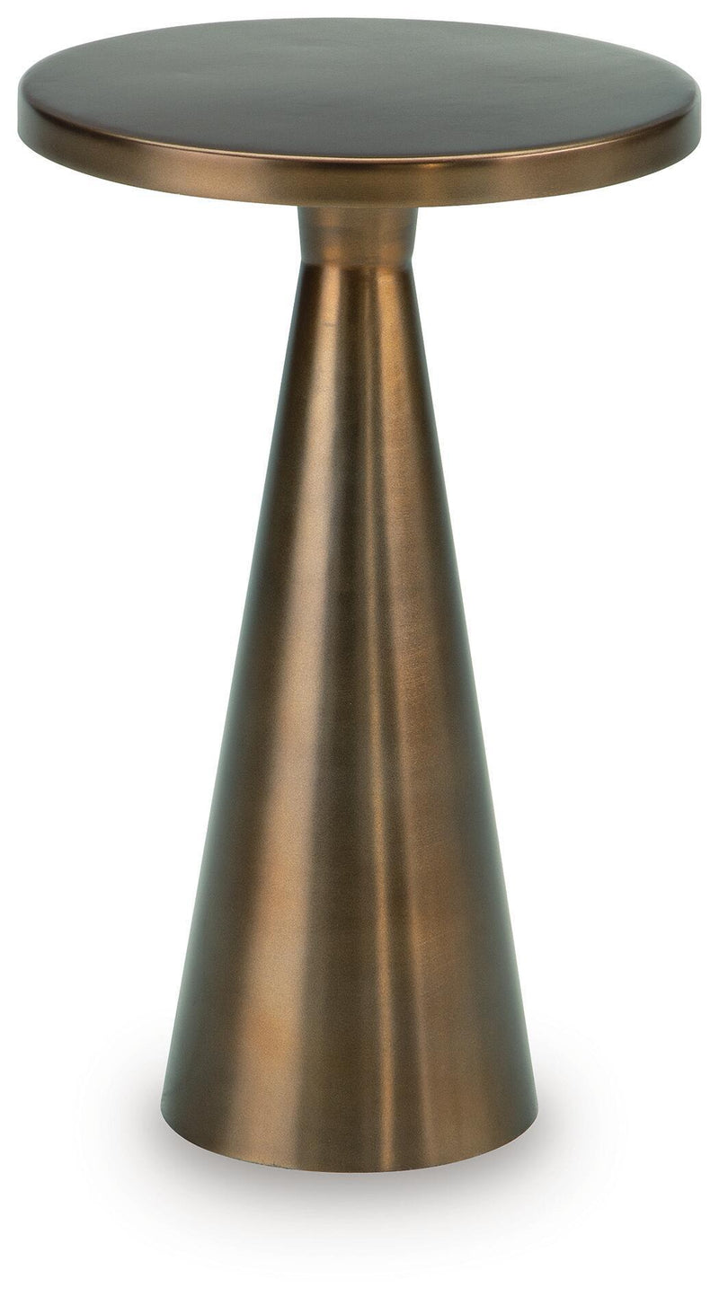 Light bronze accent table with round top and tapered pedestal base