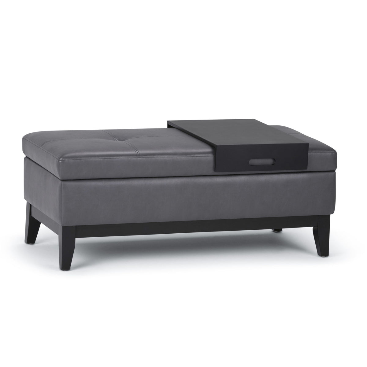 Storage ottoman bench with tray, light gray upholstery, hinged lid, tapered legs
