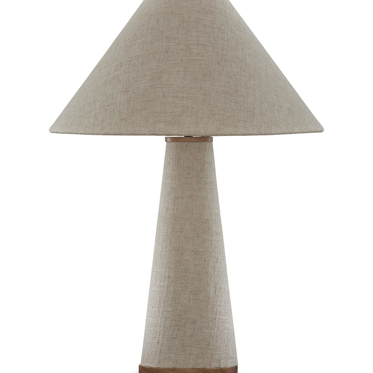 Beige linen-style table lamp with conical shade and slender metal body, wood-tone base