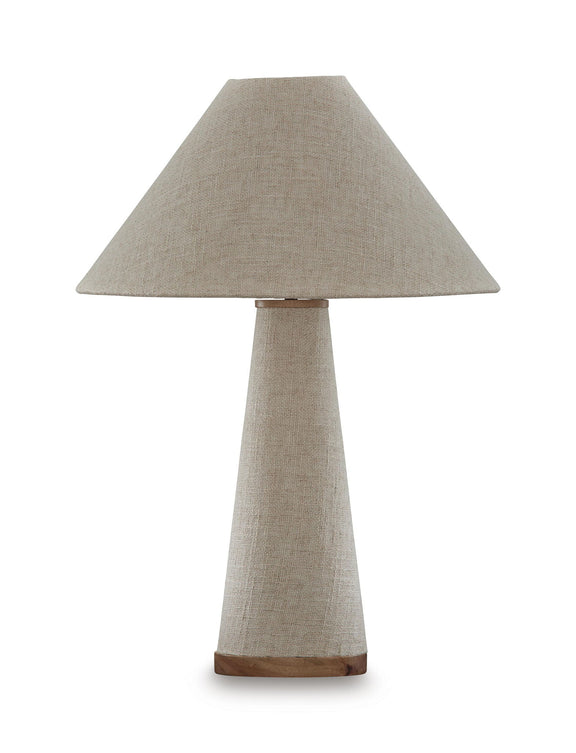 Beige linen-style table lamp with conical shade and slender metal body, wood-tone base
