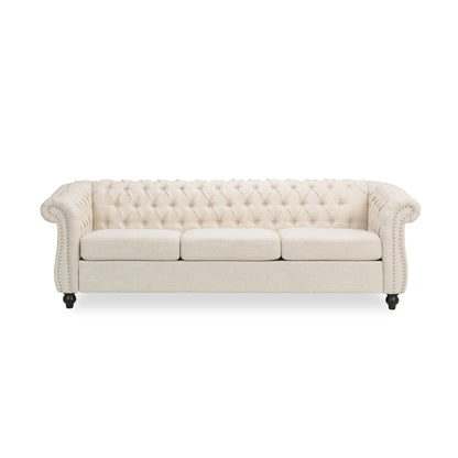 Beige Chesterfield-style 3-seater sofa with deep button tufting and rolled arms