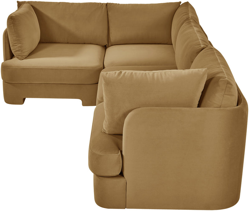 Brown velvet sectional sofa with padded armrests and matching chaise corner cushions