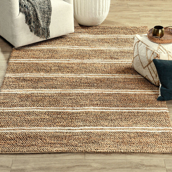 Light brown striped area rug with horizontal blue and cream bands, flatweave