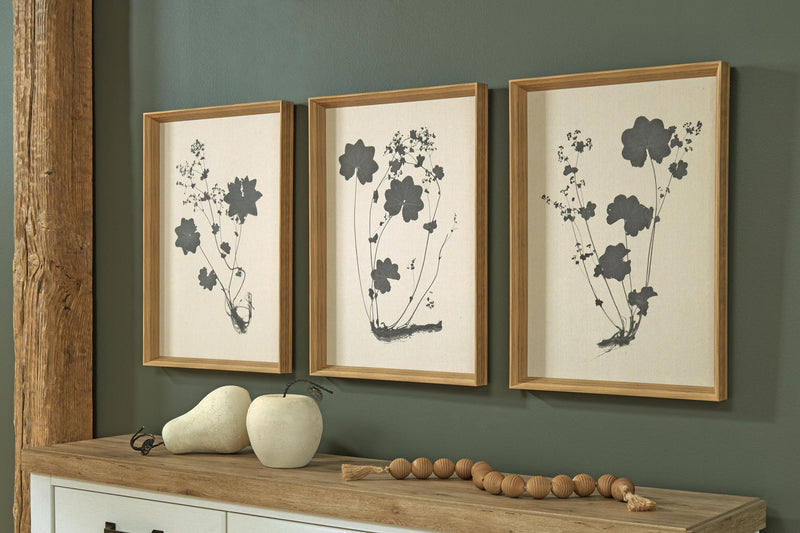 Set of 3 framed linen botanical prints with black flower and leaf silhouettes