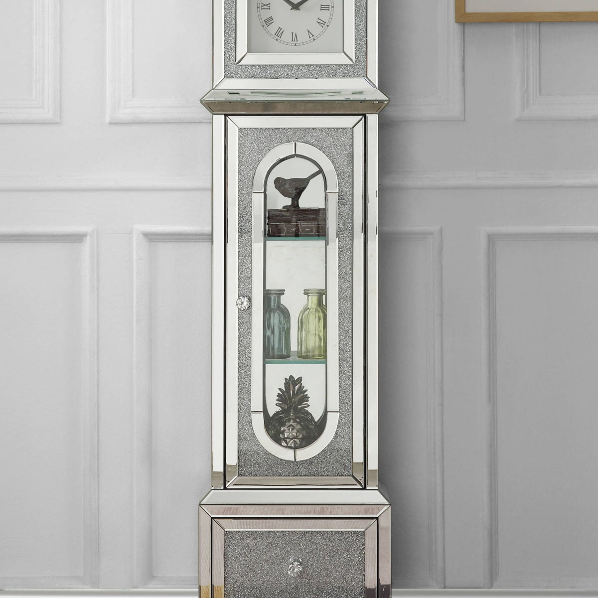 Noralie - Mirrored & Faux Diamonds Grandfather Clock With LED - Silver Gray