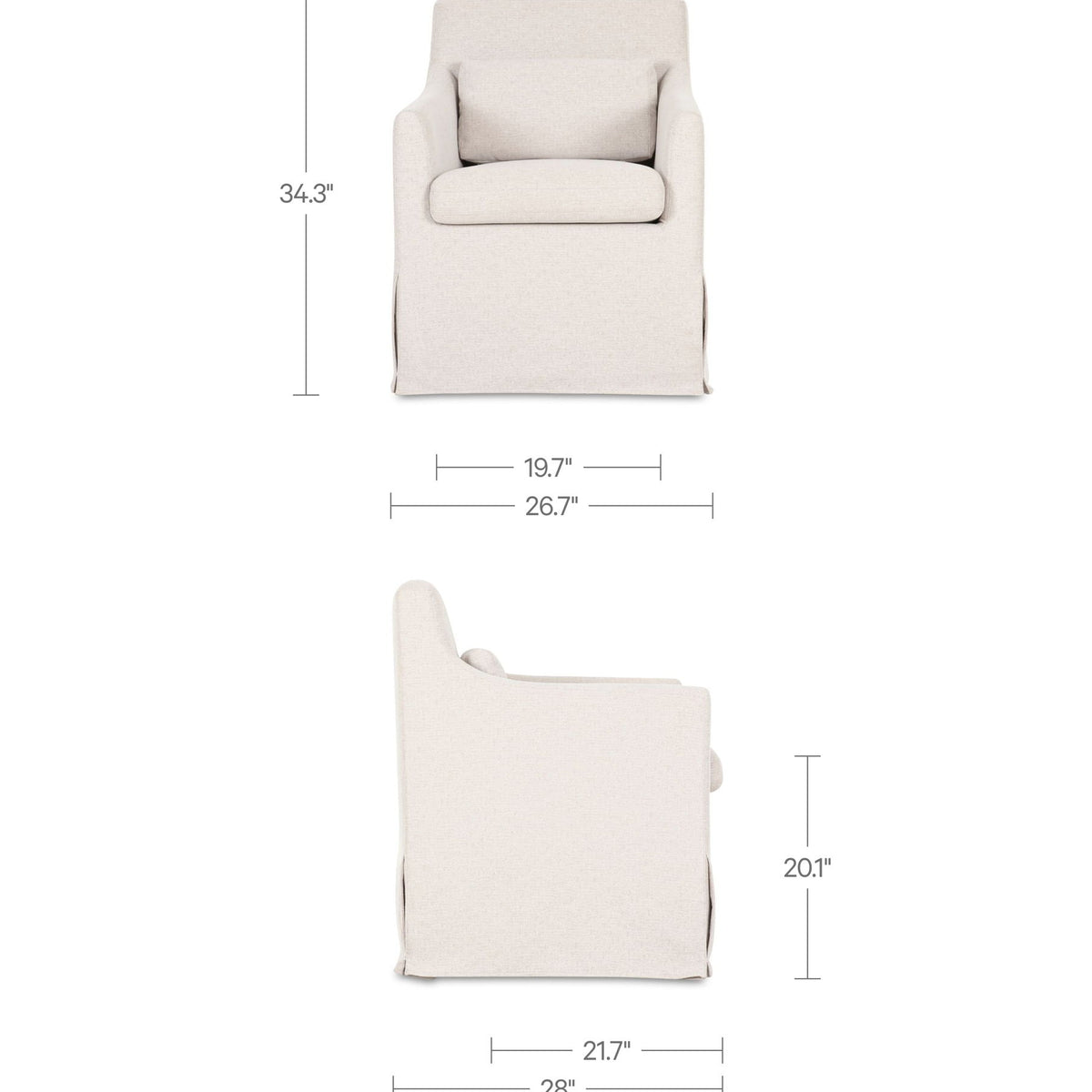 Beige slipcovered dining chair, front and side view with dimensions shown